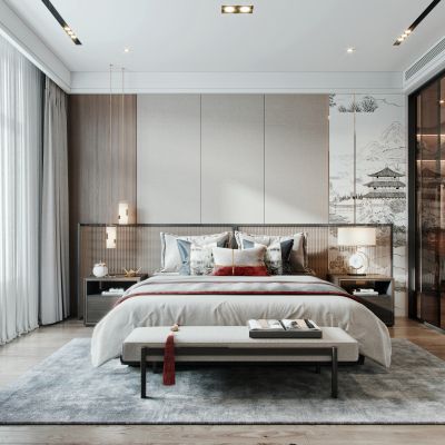 05新中式主卧室，双人床，床尾凳，衣柜