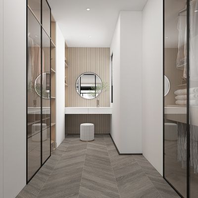 现代卧室衣帽间，玻璃门衣柜，梳妆台，梳妆桌