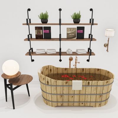 工业风装饰架 灯具 木桶