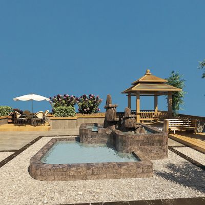 现代别墅露台庭院景观,树木，绿化带， 假山水池，休闲平台，凉亭，亭子，室外休闲桌椅