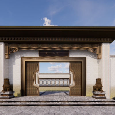中式别墅小区景观深化完整模型入口大门