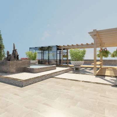 现代别墅露台庭院景观，树木，吊篮，假山水池，盆景，廊架，阳光房