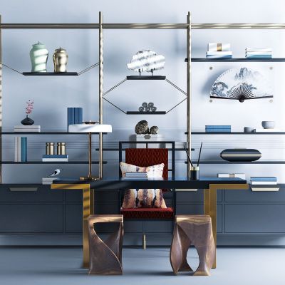 中式书桌椅书架组合