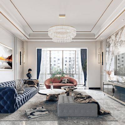 现代欧式法式，客厅，皮革沙发，电视柜