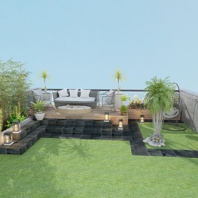 现代别墅露台庭院景观，绿植，植物堆，草地，草皮，休闲平台，室外休闲沙发，花箱
