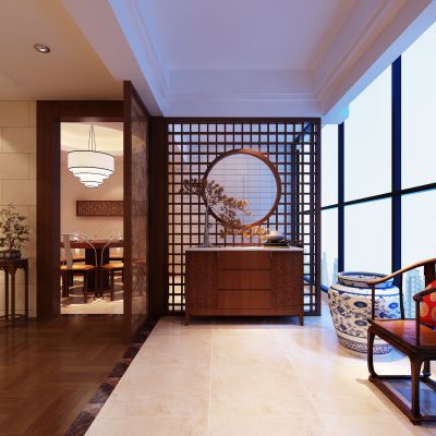 中式入户玄关柜 花格入户