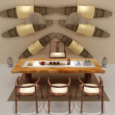 自然风船 竹编吊灯 马灯 茶桌茶椅组合