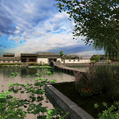 中式园林景观 景区 湿地 洪园 湖 荷花 荷叶 古建 徽派建筑