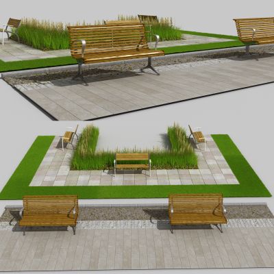 现代户外座椅 公园椅子 公共座椅 长椅 草地小路