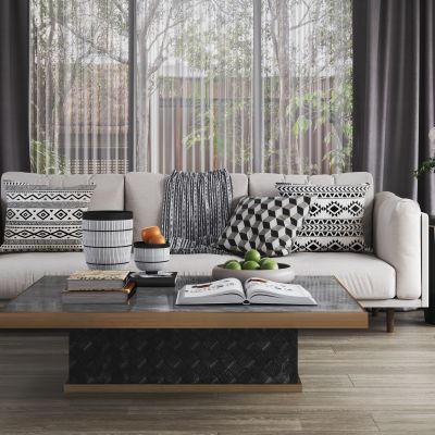 北欧度假风沙发茶几组合 抱枕 边几 金属花瓶