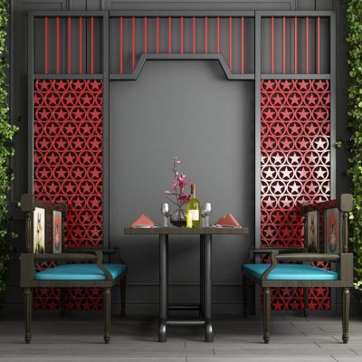 工业风餐桌椅 屏风 植物藤蔓组合