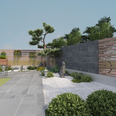 现代别墅露台庭院景观，绿植，植物堆，迎客松，花草树木，花箱，花架，木栅栏