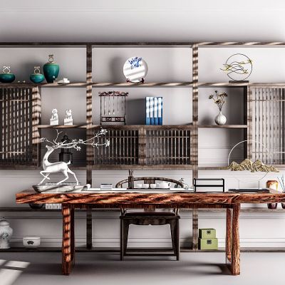 中式书桌椅书架组合