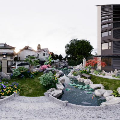 新中式庭院 园林景观 假山小品全景模型