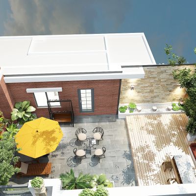 现代别墅庭院景观，绿植，植物堆，花坛，休闲平台，遮阳伞躺椅，秋千，休闲桌椅