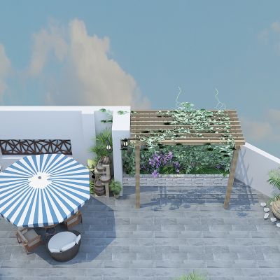 现代别墅露台庭院景观，绿植，植物堆，花坛，休闲平台，遮阳伞，廊架，藤蔓