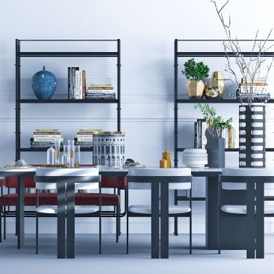 现代餐桌椅书架组合