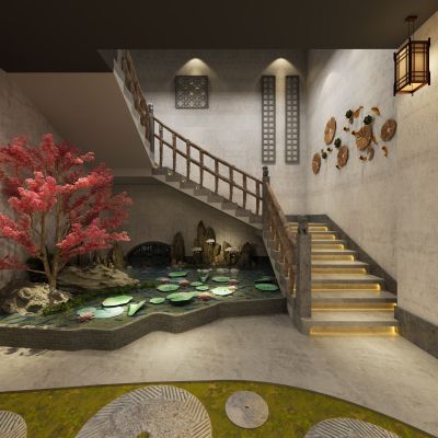 中式餐饮店 餐厅 包厢 楼梯景观