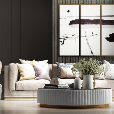 现代轻奢休闲绒布多人沙发茶几饰品组合