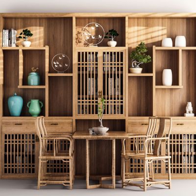 中式餐桌椅 组合书柜