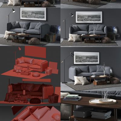 现代沙发茶几组合 落地灯 地毯 装饰画 皮箱箱子 坐垫