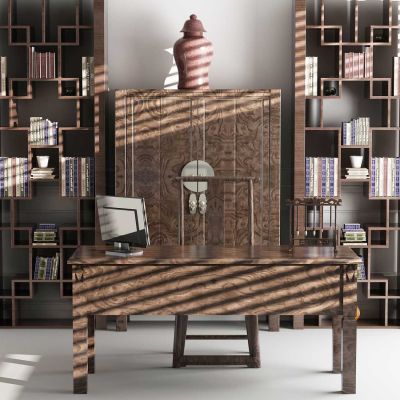 新中式书房 桌椅 书架组合