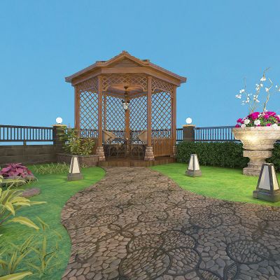 现代别墅露台庭院景观，绿植，植物堆，绿化带，花坛，亭子，凉亭