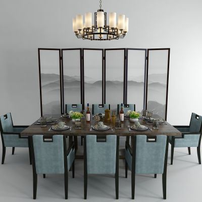 新中式餐桌椅组合  吊灯  屏风