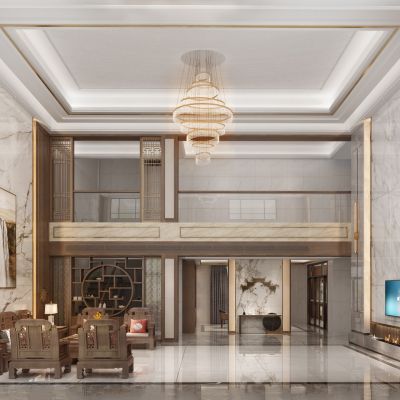 新中式别墅客厅复式挑空