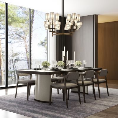 现代餐厅餐桌椅吊灯餐具饰品组合