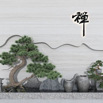 现代进门玄关景观小品，景观墙，景观隔断，景观池，迎客松，景观石头，景墙