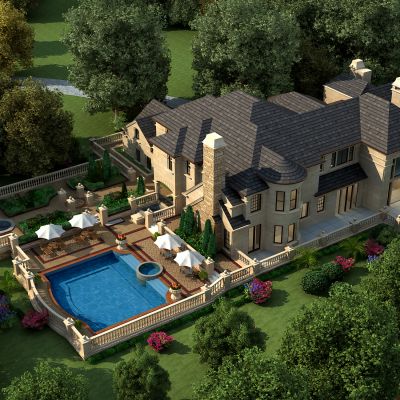 简欧别墅花园 园林景观 泳池 景观组合 花草 灌木 植物