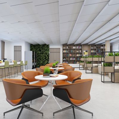 现代活动室，书吧，阅读室，水吧台，书架，书柜，展示绿植架，阅读桌椅