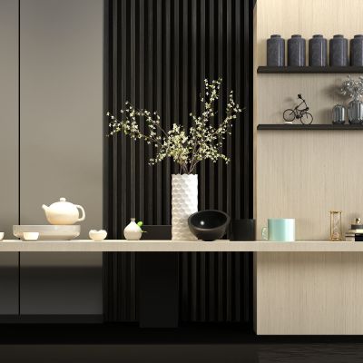 现代实木茶桌 茶具 饰品组合