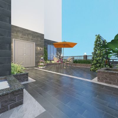 现代别墅露台庭院景观，绿植，植物堆，绿化带，休闲平台，遮阳伞休闲桌椅，藤蔓秋千