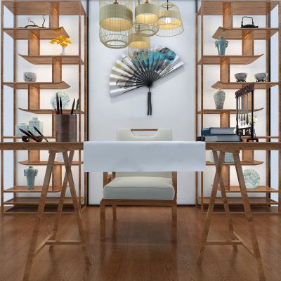 现代博古架 书桌椅组合 竹编吊灯