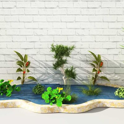 新中式室外景观 水池盆栽组合3D模型