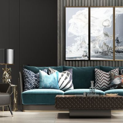 现代轻奢休闲绒布多人沙发 茶几 饰品组合