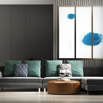 现代轻奢休闲绒布多人沙发 茶几 饰品组合