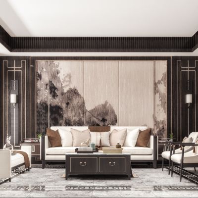 新中式客厅 沙发组合 茶几 椅子