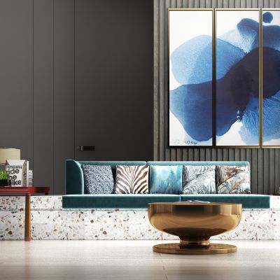 现代轻奢休闲绒布多人沙发茶几饰品组合