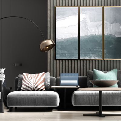 现代轻奢休闲绒布多人沙发 茶几 饰品组合