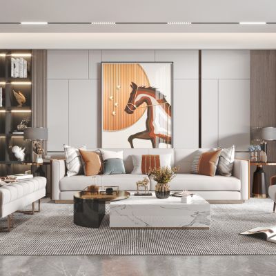 现代客厅餐厅，沙发，餐桌，电视柜