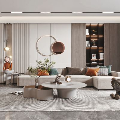 现代客厅餐厅，沙发，餐桌，电视柜