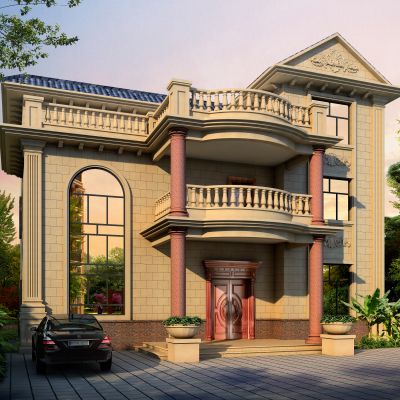 欧式古典建筑别墅 外观 护栏 罗马柱 盆景 大门