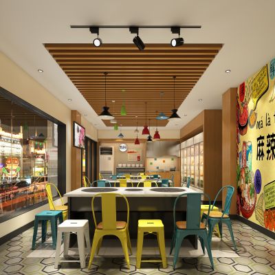 工业风麻辣烫火锅店 工业风椅子 吊灯组合 菜品柜