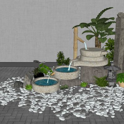 新中式景观小品,禅意景观小品,景观小品组合,多肉,磨盘