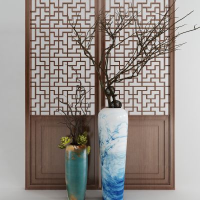 新中式花格干枝花缸