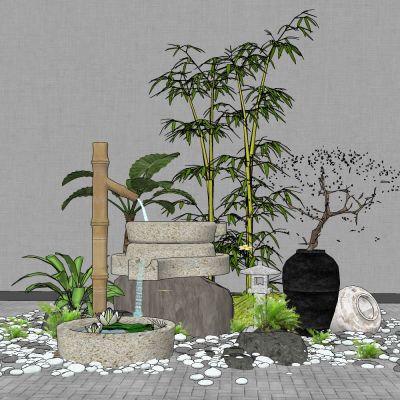 新中式景观小品,禅意景观小品,景观小品组合,多肉,磨盘