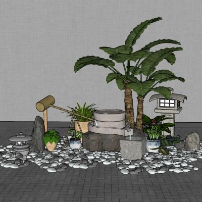 新中式景观小品,禅意景观小品,景观小品组合,多肉,磨盘